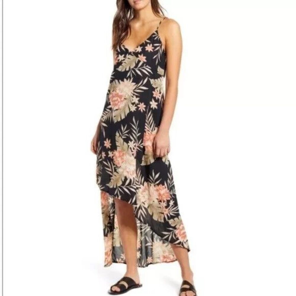 Billabong Dress Womens XS The Best Floral Maxi Asymmetrical Black Tropical Hi Lo